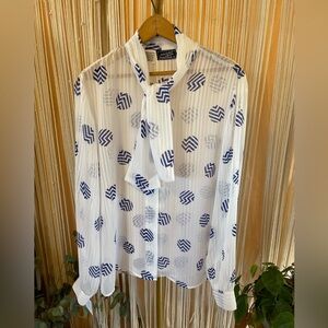 vintage white sheer long-sleeve blouse w/ blue patterns & a pussybow neck